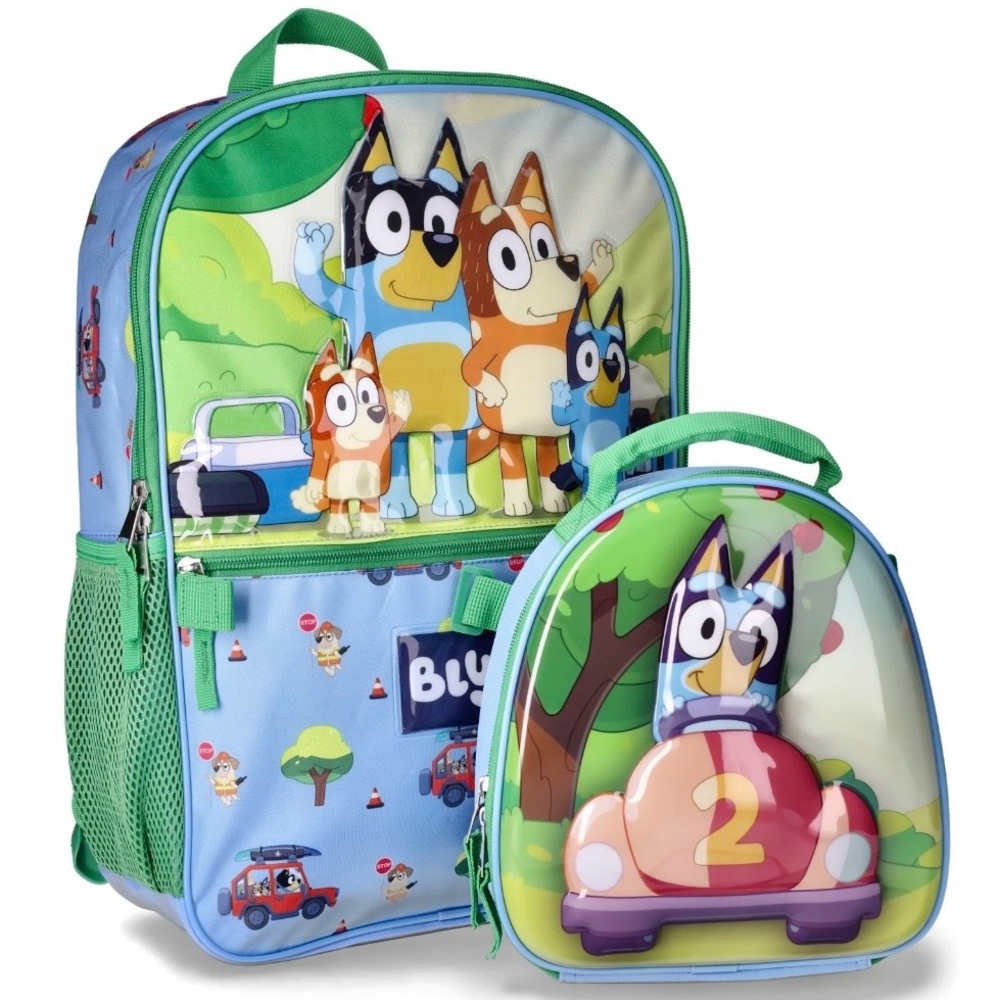 Bluey 17” Backpack w/ Lunch Bag 2-Piece Set Family Trip Theme NWT